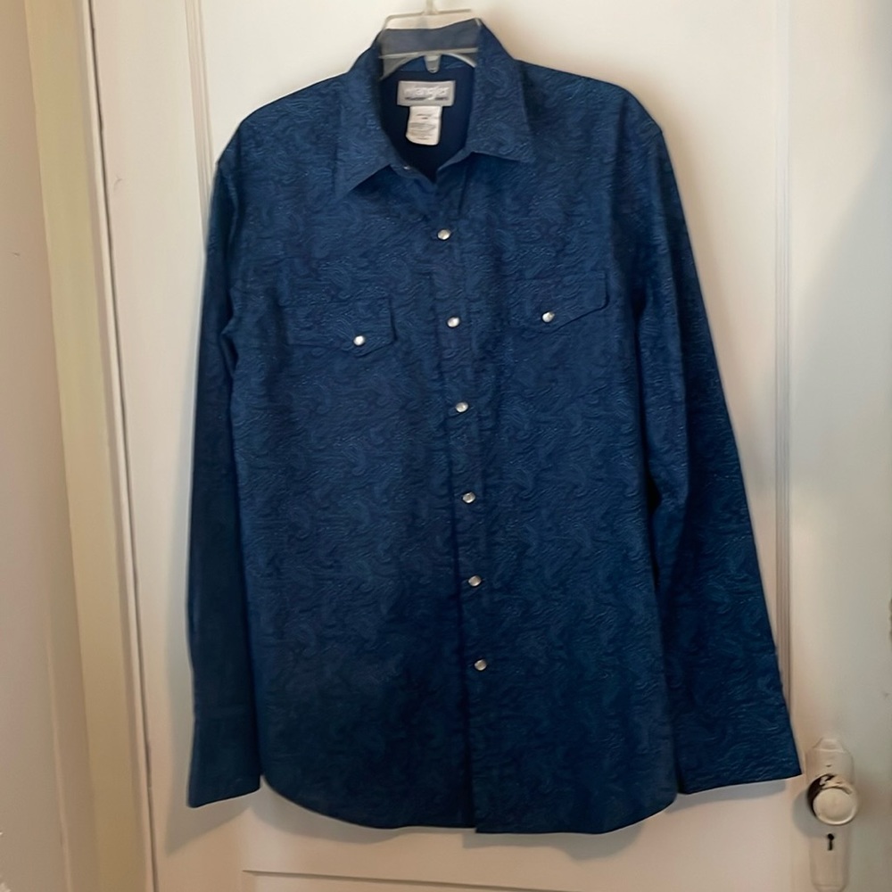 Wrangler Wrancher Shirt Long sleeve Mens LG Navy Paisley Pearl Snaps Like New